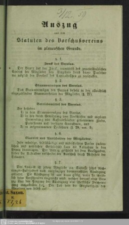 Auszug aus den Statuten des Vorschußvereins im plauenschen Grunde : [Döhlen, den 8. November 1859]