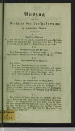 Auszug aus den Statuten des Vorschußvereins im plauenschen Grunde : [Döhlen, den 8. November 1859]