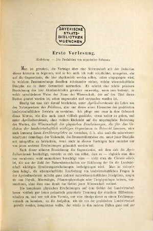 Lehrbuch der Agrikulturchemie : in Vorlesungen, 1. Die Ernährung der grünen Gewächse