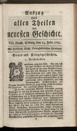VIII. Nachl. Coburg, den 24. Febr. 1759.