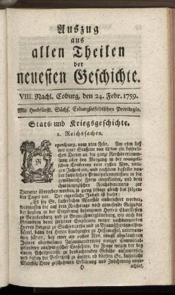 VIII. Nachl. Coburg, den 24. Febr. 1759.