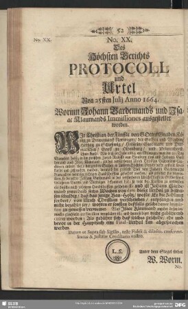 No. XX. Des Höchsten Gerichts Protocoll und Urteil von 25sten Julij Anno 1664