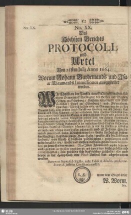 No. XX. Des Höchsten Gerichts Protocoll und Urteil von 25sten Julij Anno 1664