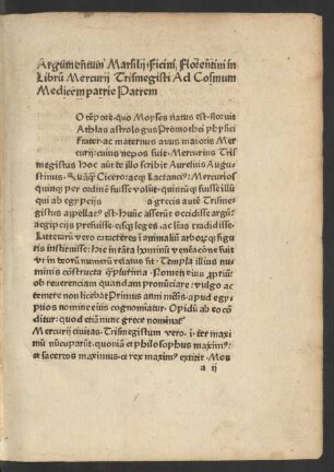 Argumentum Marsilii Ficini Florentini in Librum Mercurii Trismegisti ...