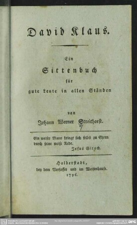 David Klaus : Ein Sittenbuch für gute Leute in allen Ständen