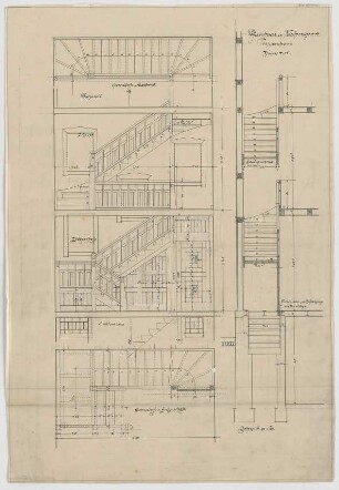 Dolmetsch, Theodor; Neuhengstett; Pfarrhaus - Treppenhaus (Grundriss EG, Grundriss DG, Ansicht, Schnitt)
