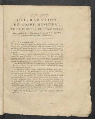 Délibération Du Corps Municipal De La Commune De Strasbourg : Séance publique du 3. Thermidor de l'an second de la République française, une, indivisible et démocratique