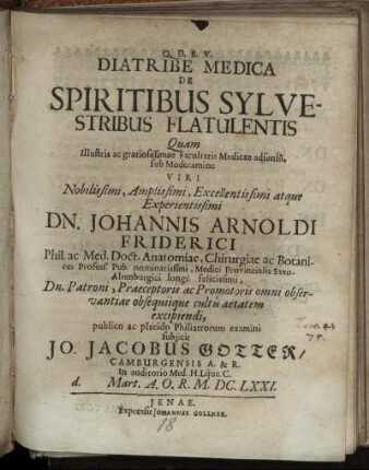 Diatribe Medica De Spiritibus Sylvestribus Flatulentis