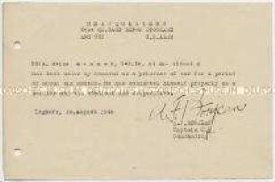 Bescheinigung über die 6monatige Kriegsgefangenschaft im APO-Lager 782 der US-Army in Italien - Personenkonvolut