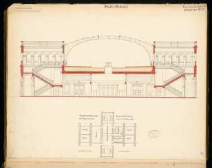 Stadtbahnhof, Berlin Monatskonkurrenz August 1877: Grundriss 1:300, Querschnitt 1:75; Maßstabsleiste