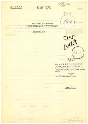 Angeklagter: Ritter, Hubert (Landwirt); Hubertshofen *09.11.1903 in Hubertshofen; + ? Delikt: Rundfunkverbrechen Tatort: Hubertshofen Tatzeit: Herbst 1941-Januar 1944
