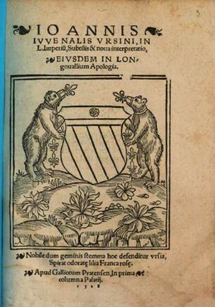 Ioannis Iuvenalis Ursini In L. Imperium, Subtilis & nova interpretatio, eiusdem in Longovallium Apologia