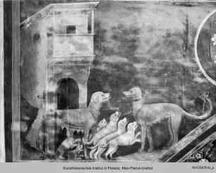 Biblische und hagiographische Szenen, Fabeln, Jagd-, Kampf- und Monatsdarstellungen (v. d. Rest. 1978/79) : Fabel vom Fuchs und Hund von Aesop