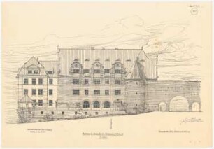 Mehrfamilienwohnhaus am Burgtor, Lübeck. Mit Bierlokal, Biergarten, Kegelbahn etc.: Aufriss Nordansicht 1:100