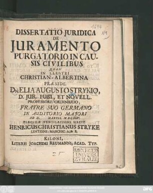 Dissertatio Iuridica De Iuramento Purgatorio In Causis Civilibus