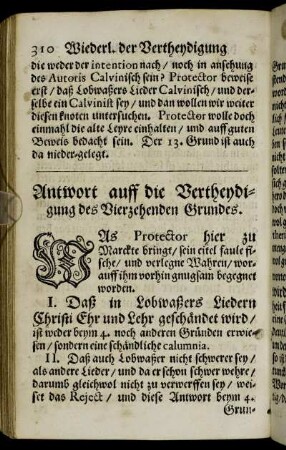 Antwort auff die Vertheydigung des Vierzehenden Grundes.