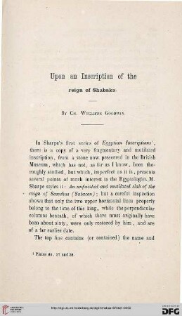 Upon an inscription of the reign of Shabaka, by Ch. Wycliffe Goodwin