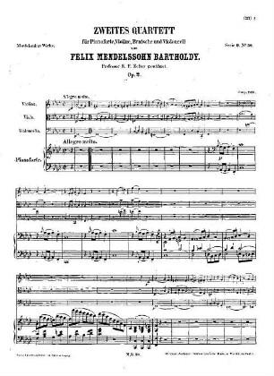 Felix Mendelssohn-Bartholdys Werke. 9,39. Nr. 39, Zweites Quartett für Pianoforte, Violine, Bratsche und Violincell : op. 2 in F-m[oll]. - 37 S. - Pl.-Nr. M.B.39