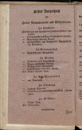 Erstes Verzeichniß der Herren Pränumeranten und Subscribenten.