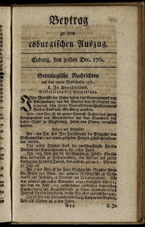 Beytrag zu den coburgischen Auszug. Coburg, den 30sten Dec. 1761.