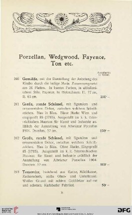 Porzellan, Wedgwood, Fayence, Ton etc. (Nr. 240-277)