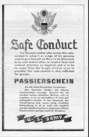 Abwurf-Flugblatt der Alliierten mit der Aufforderung zur Kapitulation und dem entsprechenden Passierschein