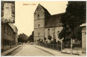 Belgern. Buche mit Lutherstein und Kirche Sankt Bartholomäus