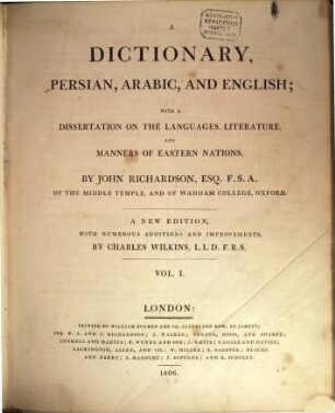 A Dictionary, Persian, Arabic and English, Vol. 1