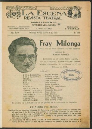 Fray Milonga : pieza en un acto, dividido en dos cuadros