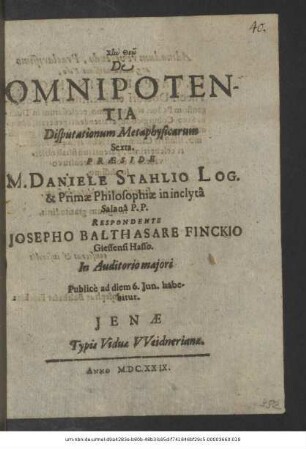 De Omnipotentia : Disputationum Metaphysicarum Sexta