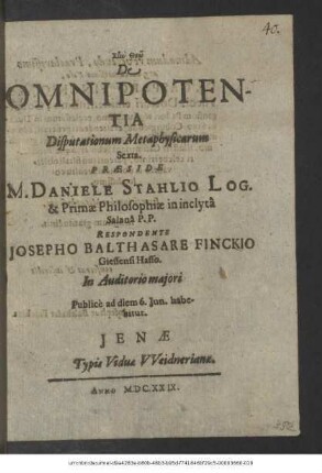 De Omnipotentia : Disputationum Metaphysicarum Sexta
