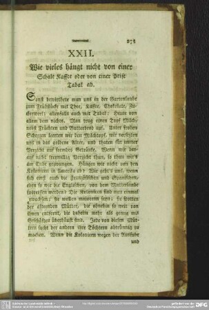 XXII. Wie vieles hängt nicht von einer Schale Kaffee oder einer Prise Tabak ab