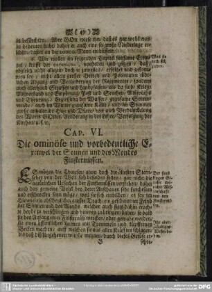 Cap. VI. Die ominöse und vorbedeutliche Exempel der Sonnen und des Mondes Finsternissen