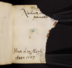 N.N. [die Seite abgerissen, vermutlich wegen einer Zeichnung (Wappen?)]. Jena, 23.3.168[?]7.