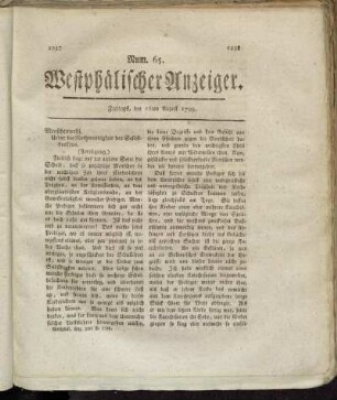 Num. 65. Westphälischer Anzeiger. Freitags, den 16ten August 1799. - Num. 67. Westphälischer Anzeiger. Freitags, den 23ten August 1799.