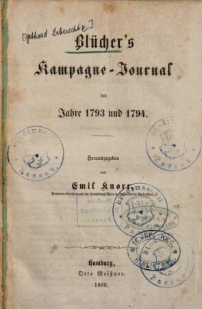 Blücher's Kampagne-Journal der Jahre 1793 und 1794