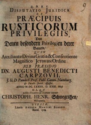 Diss. iur. de praecipuis rusticorum privilegiis, Von denen besondern Privilegien derer Bauern