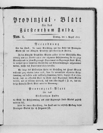 Num. 1., Ausgabe vom 1. August 1815