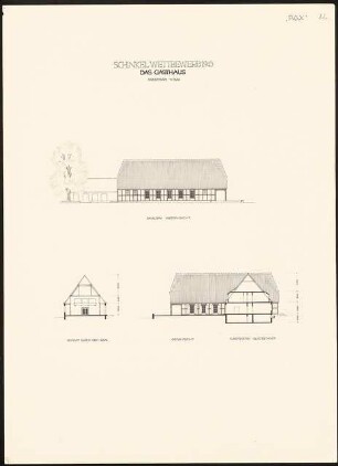 Siedlung für Kriegsbeschädigte Schinkelwettbewerb 1945: Gasthaus. Ansichten von W und O, Schnitte durch Saal und Gaststätte 1:200
