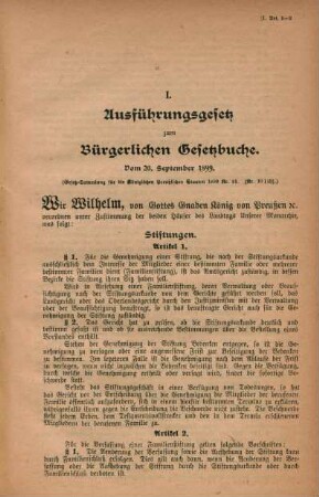 I. Ausführungsgesetz zum Bürgerlichen Gesetzbuche. Vom 20. September 1899.