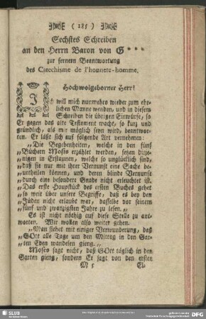 Sechstes Schreiben an den Herrn Baron von G*** zur fernern Beantwortung des Catechisme de l'honnete-homme
