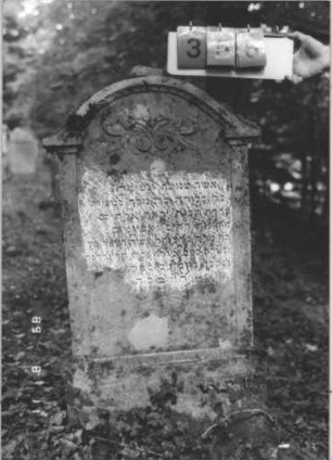 Grabstein 356 (Index: 99799716) Material: Sandstein Zustand: verwittert Maße HxBxT: 116x62x12 cm Beschreibung: Stele, geschwungener Bogenabschluß, eingetieftes Schriftfeld gerahmt von zwei Halbpfeilern, Sockel Symbolik: florale Voluten: Grabstein 356