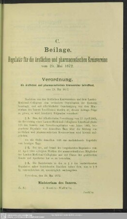 Regulativ für die ärztlichen und pharmaceutischen Kreisvereine vom 29. Mai 1872