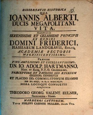 Diss. hist. qua Ioannis Alberti, Ducis Megapolitani, vita