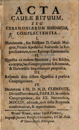 Acta causa rituum seu ceremoniarum Sinensium ...