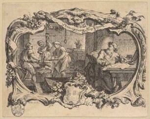 Drei Schmiede links, rechts ein Gelehrter (Vignette)