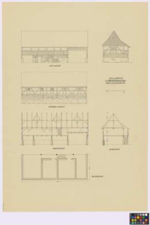 Reimswaldau (Landkreis Waldenburg): Stallgebäude. - Stallgebäude (zwei Seiten-Ansichten, Giebel-Ansicht, Längsschnitt, Querschnitt, Grundriss des Erdgeschosses)