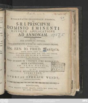Dissertatio Inavgvralis Ivridica, De S. R. I. Principvm Dominio Eminenti Eivsqve Applicatione Ad Annonam