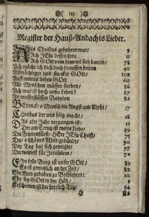 Register der Hauß-Andachts Lieder.