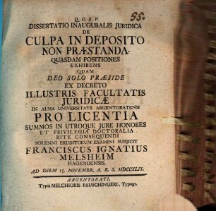 Diss. inaug. iur. de culpa in deposito non praestanda quasdam positiones exhibens